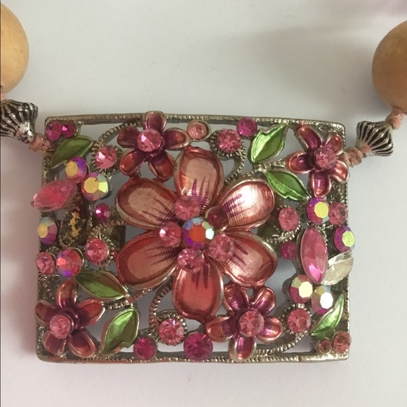 Necklace Hand Made with Vintage Wood and Crystal beads - Picture 2 of 5